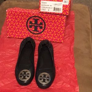Tory Burch Black silver medal flats